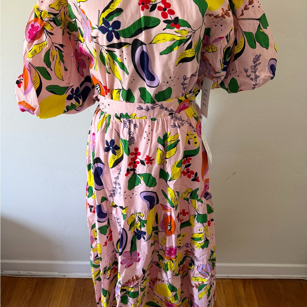 Women’s Pink Floral Midi Dress with Green & Yellow Print